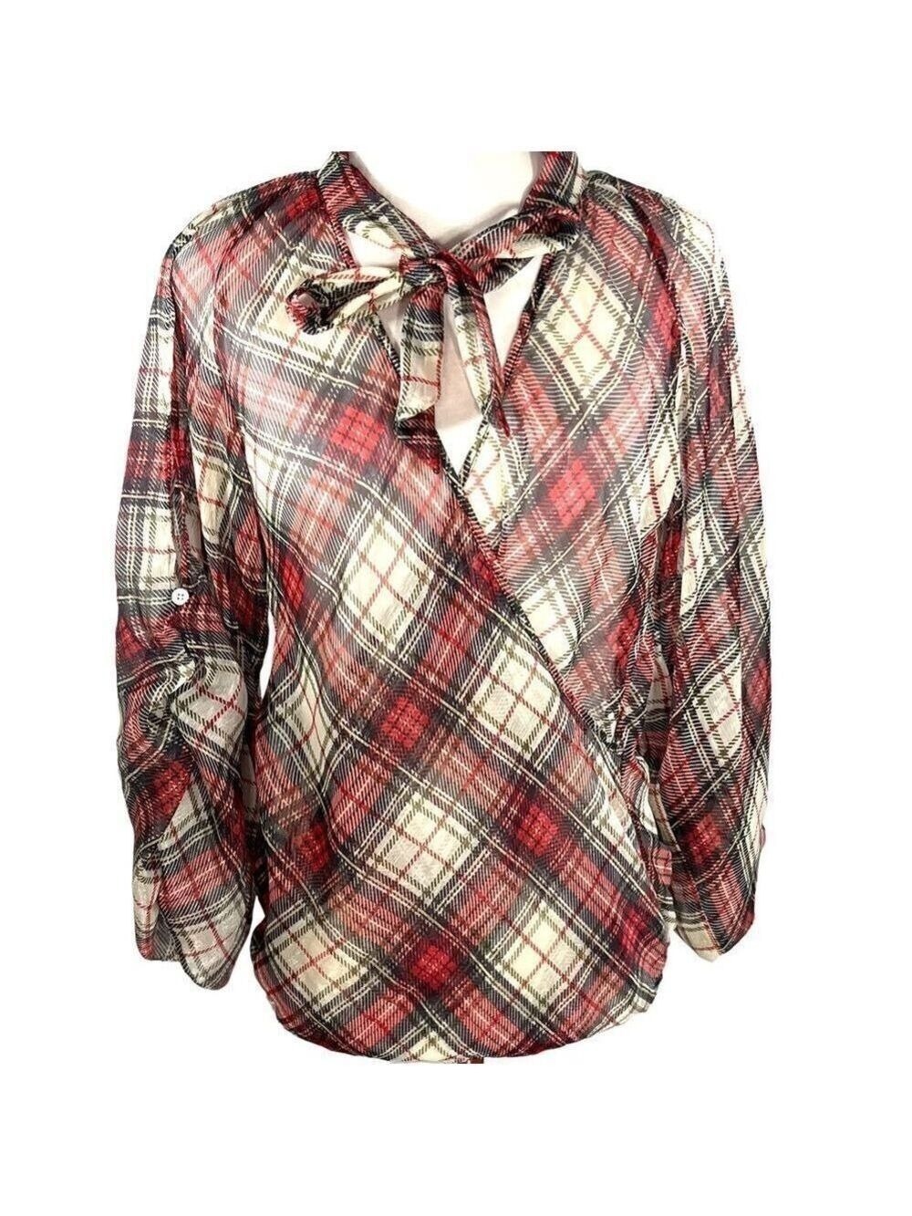 Tristan Sheer Red Black Green Gold and Grey Plaid Wrap FrontTie Blouse Size XS